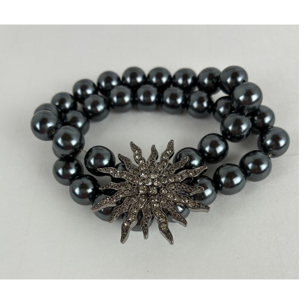 Bracelet Rebecca Malone Faux Black Pearls Double Strand Rhinestone Starburst